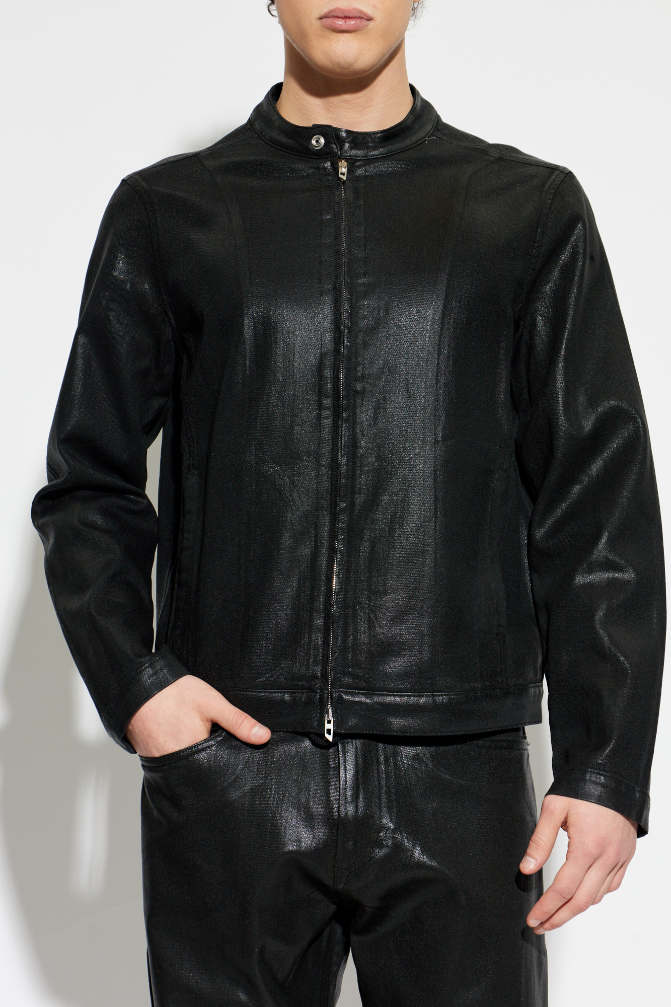 ジャケット・アウター DIESEL D-GLORY JOGG D-GLORY JOGG Moto jacket in coated JoggJeans｜ブラック｜メンズ｜DIESEL